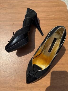 Lovely People Black Suede and Patent Pointed Toe Pumps